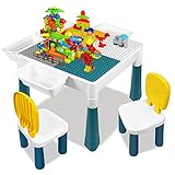 UISEBRT Mesa infantil con 2 sillas, mesa de juego con 163 bloques de construcción, juego de mesa de actividades multifuncional, para niños, mesa de construcción, juego de mesa de manualidades para
