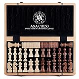 A&A Juego de ajedrez y Damas Plegable de Madera 38cm / Piezas de ajedrez Staunton de 7,6cm de Altura de Rey - Caja de Haya con Incrustaciones de Arce y Nogal