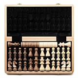 A&A Juego de ajedrez y damas de madera plegable de 15 'con piezas de ajedrez de altura King de 3' / 2 Piezas de ajedrez de madera de reina adicional / Incrustaciones de haya, nogal y arce